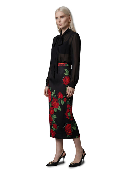 Dolce & Gabbana Red Rose Print Midi Skirt
