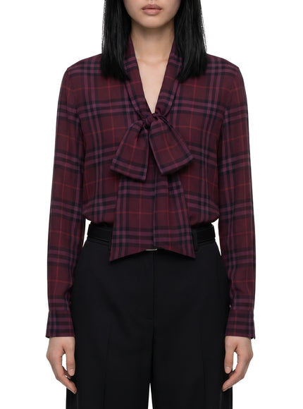 Burberry Rhiannon House Check Silk Shirt with Neck Scarf Purple