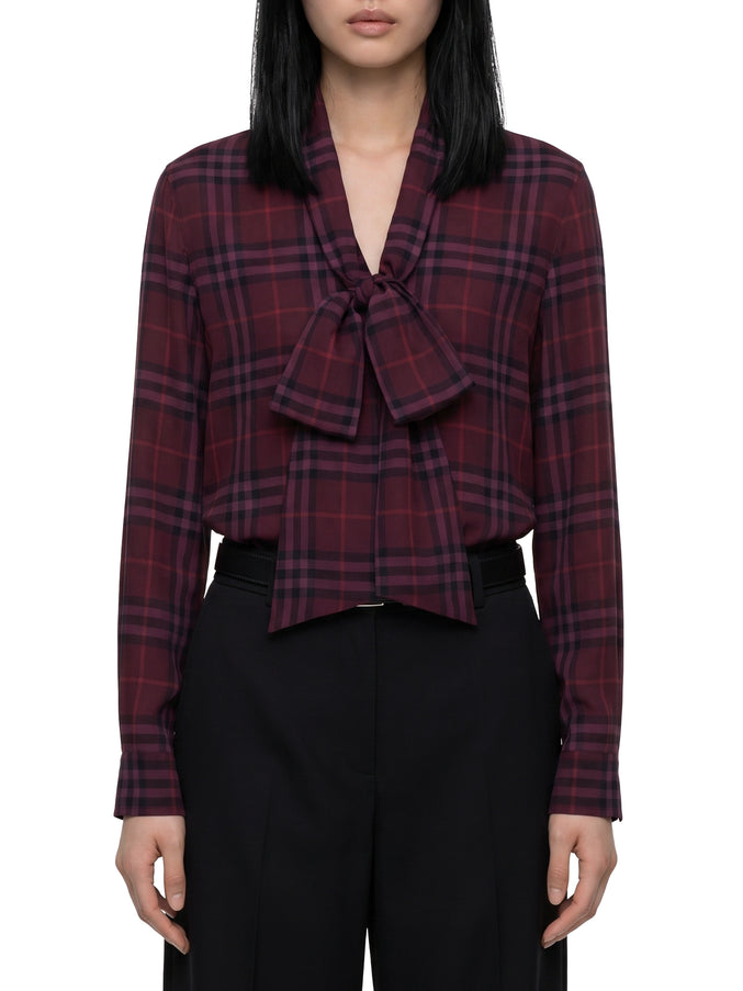 Burberry Rhiannon House Check Silk Shirt with Neck Scarf Purple