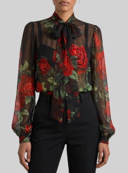 Dolce & Gabbana Red Rose Chiffon Blouse Black