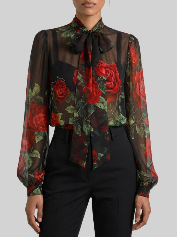 Dolce & Gabbana Red Rose Chiffon Blouse Black