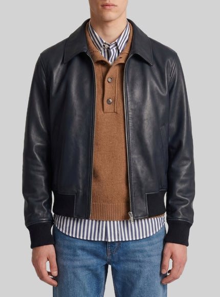 Ami Paris Black Lambskin Leather Zip-up Jacket Black