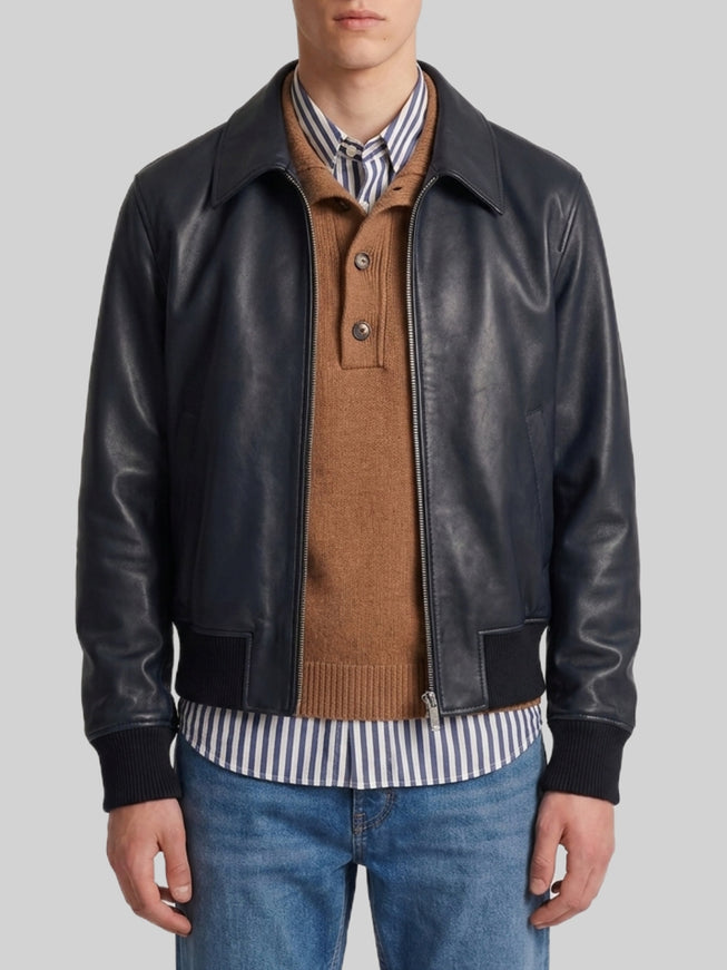 Ami Paris Black Lambskin Leather Zip-up Jacket Black
