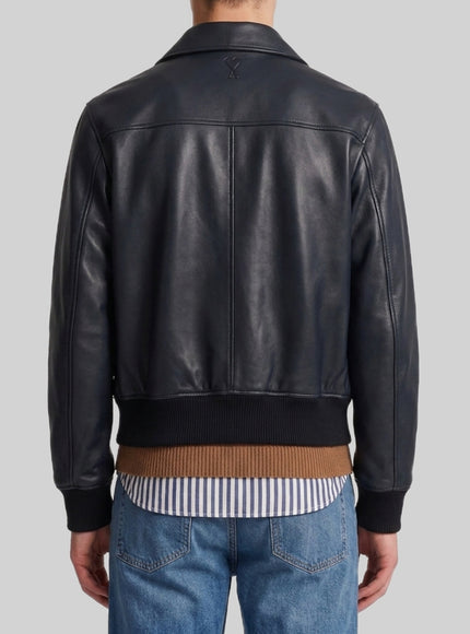 Ami Paris Black Lambskin Leather Zip-up Jacket