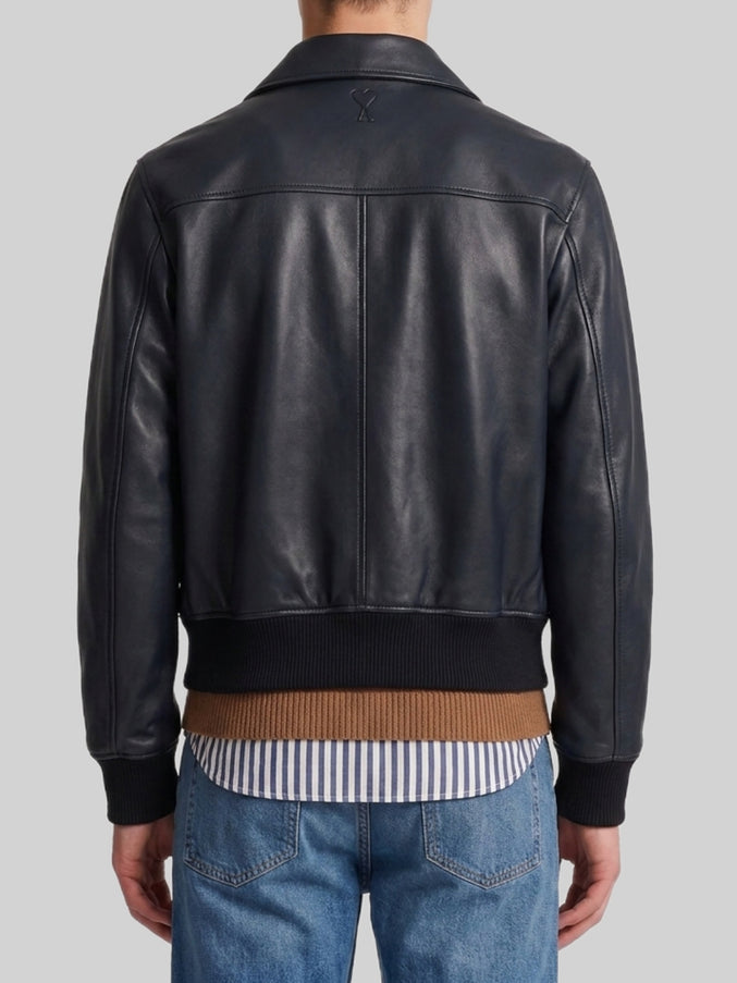 Ami Paris Black Lambskin Leather Zip-up Jacket