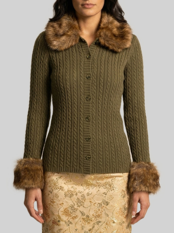 Saint Laurent Cardigan With Shearling Fur S Green