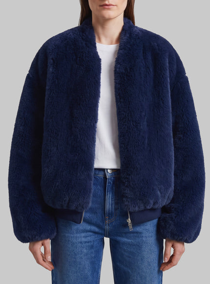 The Frankie Shop Navy Blue Senna Faux Fur Collarless Jacket Blue