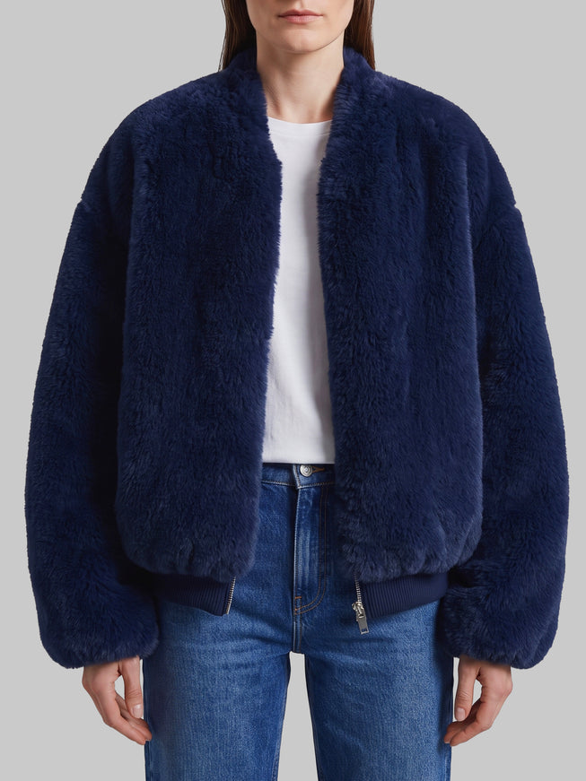 The Frankie Shop Navy Blue Senna Faux Fur Collarless Jacket Blue