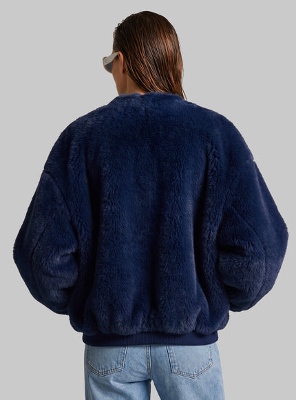 The Frankie Shop Navy Blue Senna Faux Fur Collarless Jacket