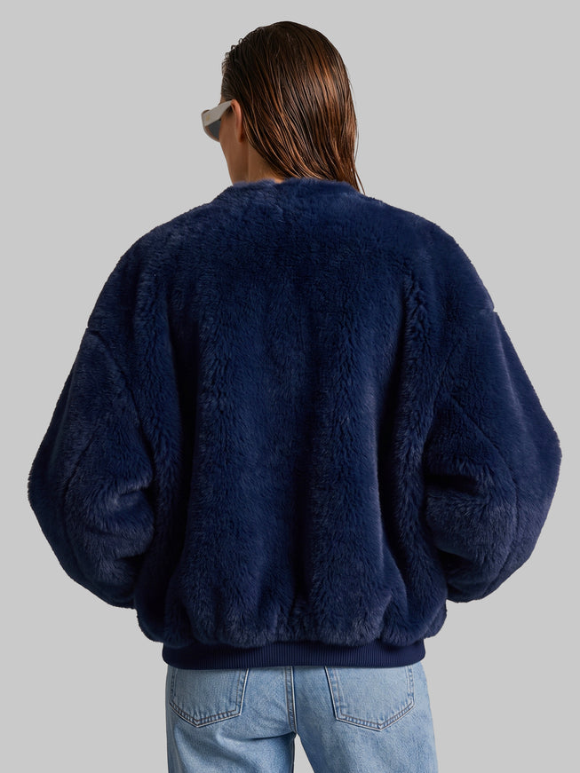 The Frankie Shop Navy Blue Senna Faux Fur Collarless Jacket