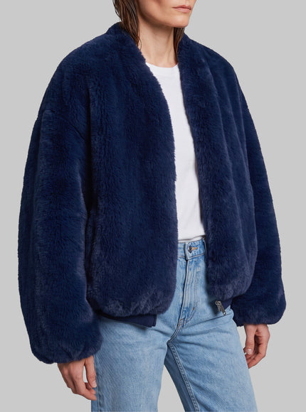 The Frankie Shop Navy Blue Senna Faux Fur Collarless Jacket