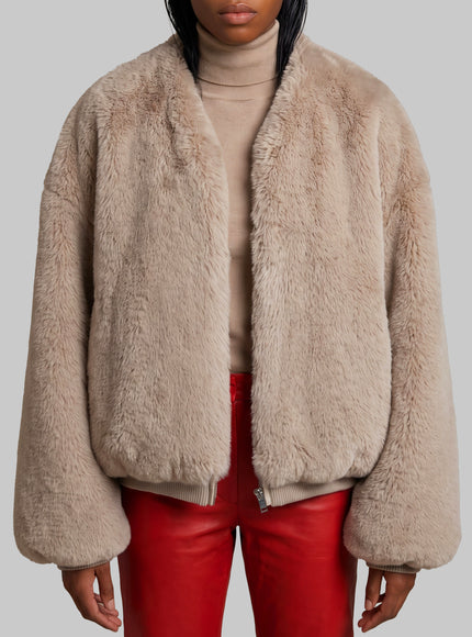 The Frankie Shop Light Taupe Senna Faux Fur Collarless Jacket Beige