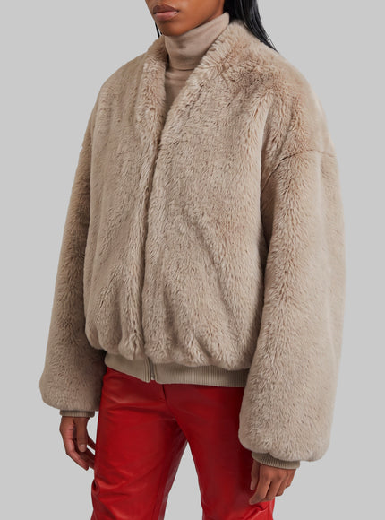 The Frankie Shop Light Taupe Senna Faux Fur Collarless Jacket