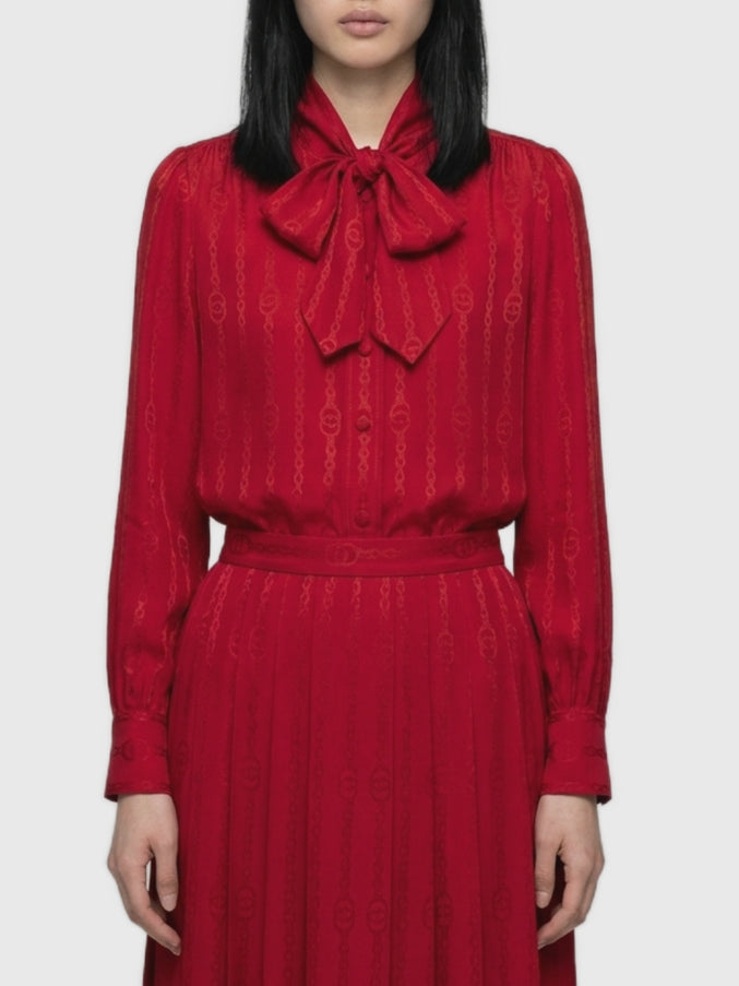 Gucci Interlocking G Chain Silk Jacquard Shirt Red