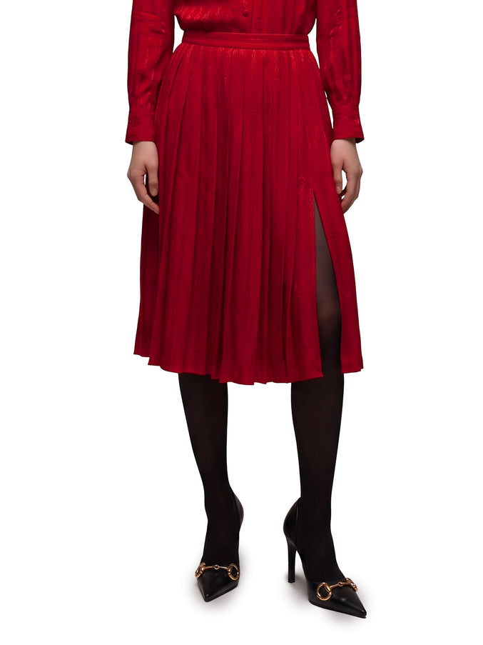 Gucci Interlocking G Chain Silk Jacquard Midi Skirt Red