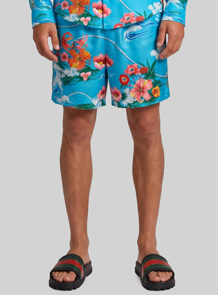 Gucci Printed Silk Twill Shorts Light Blue