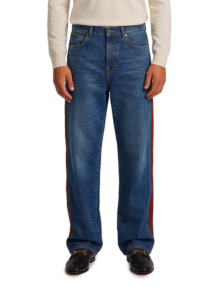 Gucci Cotton Denim Trousers With Web Insert Blue