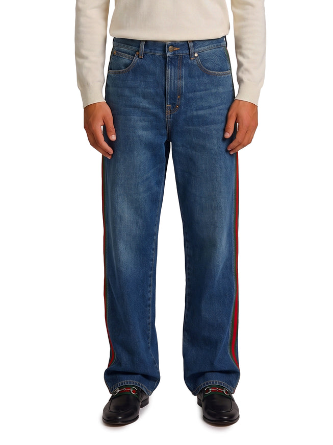 Gucci Cotton Denim Trousers With Web Insert Blue