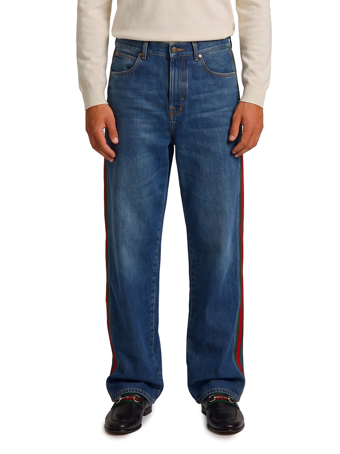 Gucci Cotton Denim Trousers With Web Insert Blue