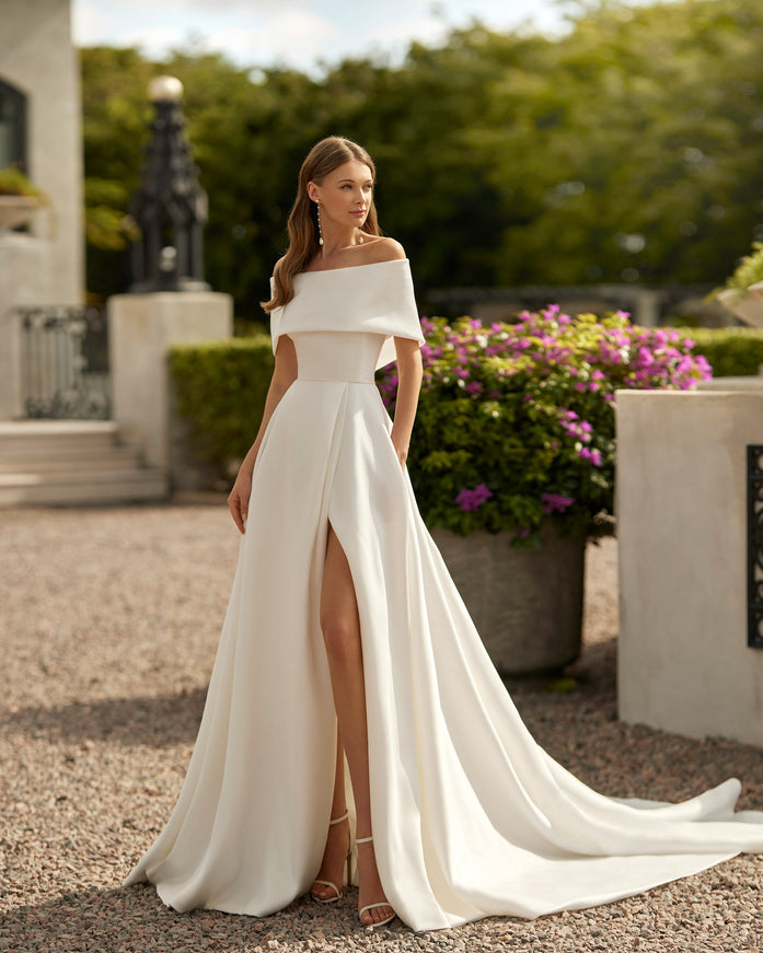 Rosa Clará Euron Off-Shoulder A-Line Wedding Dress with Slit