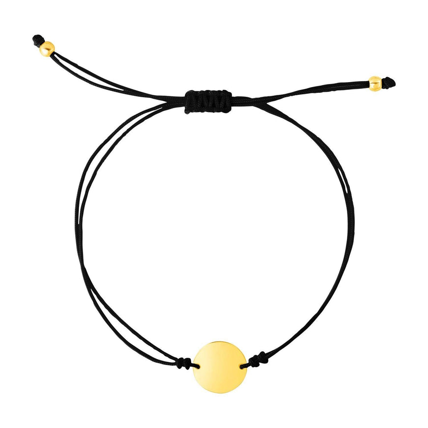 9 1/4 inch Black Cord Adjustable Bracelet with 14k Yellow Gold Circle - Ellie Belle