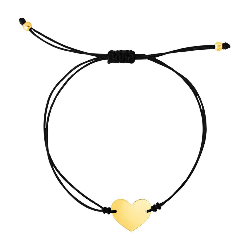 9 1/4 inch Black Cord Adjustable Bracelet with 14k yellow Gold Heart - Ellie Belle