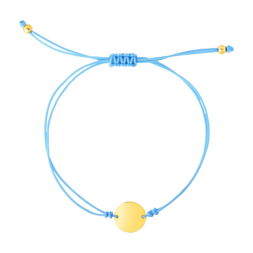 9 1/4 inch Blue Cord Adjustable Bracelet with 14k Yellow Gold Circle - Ellie Belle