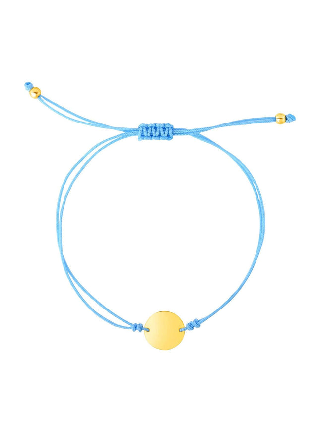 9 1/4 inch Blue Cord Adjustable Bracelet with 14k Yellow Gold Circle - Ellie Belle