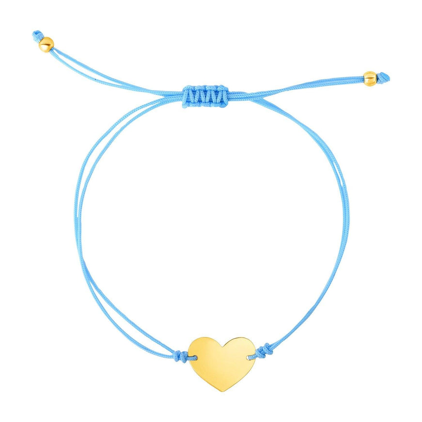 9 1/4 inch Blue Cord Adjustable Bracelet with 14k yellow Gold Heart - Ellie Belle