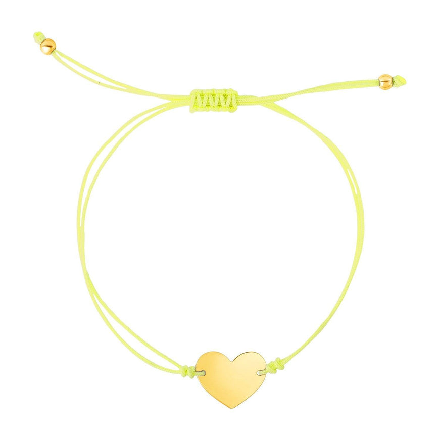 9 1/4 inch Yellow Cord Adjustable Bracelet with 14k yellow Gold Heart - Ellie Belle