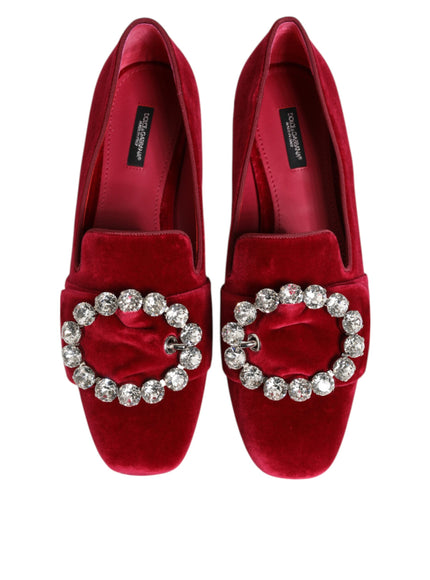 Dolce & Gabbana Red Velvet Crystal Buckle Loafers
