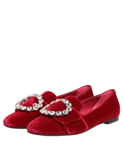 Dolce & Gabbana Red Velvet Crystal Buckle Loafers