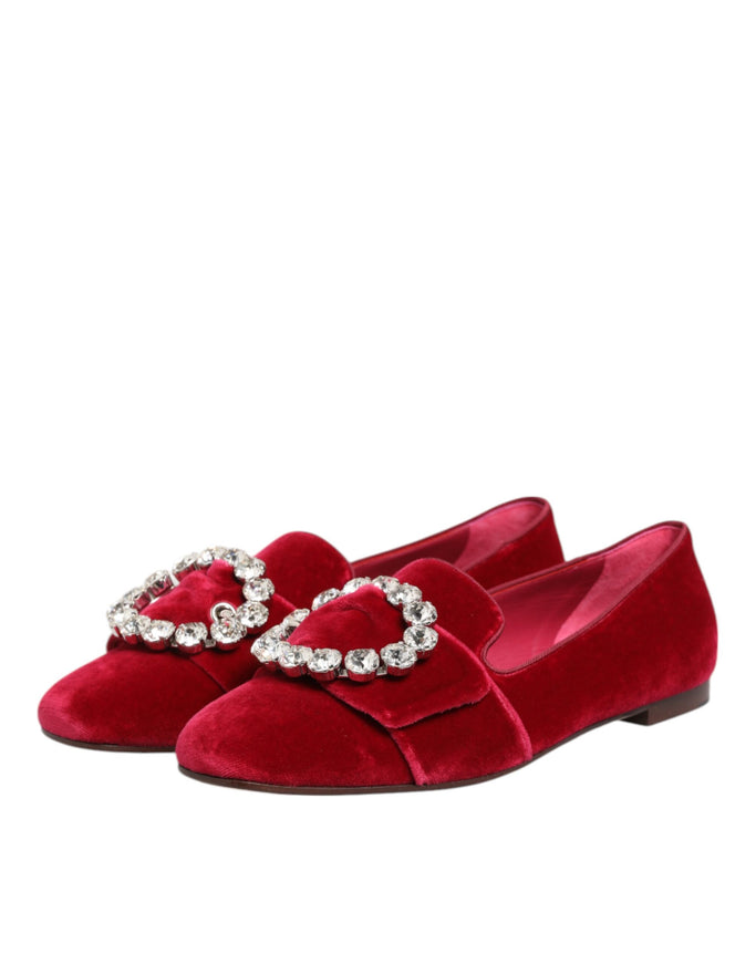 Dolce & Gabbana Red Velvet Crystal Buckle Loafers