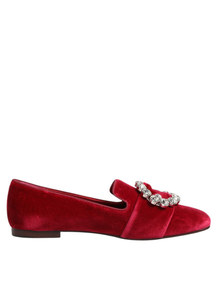 Dolce & Gabbana Red Velvet Crystal Buckle Loafers