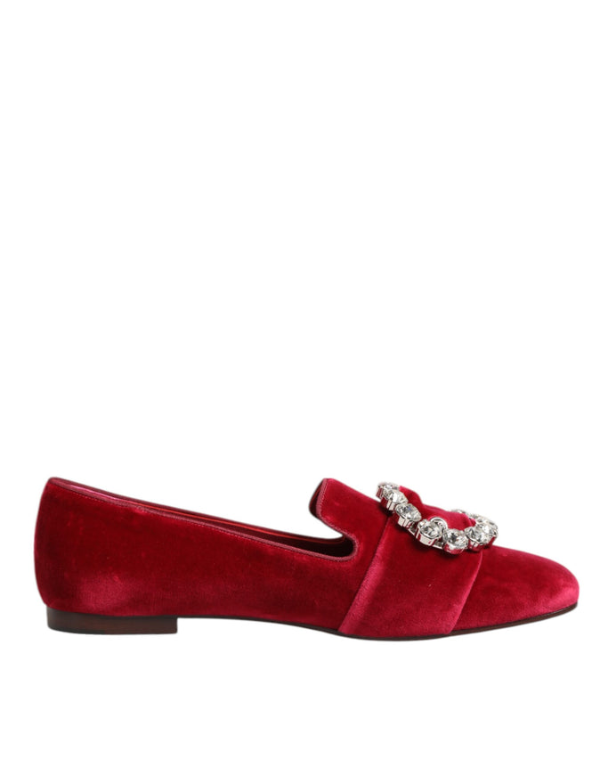 Dolce & Gabbana Red Velvet Crystal Buckle Loafers