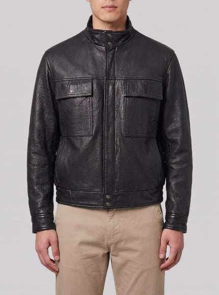 Salvatore Santoro Black Hammered Leather Bomber Jacket Black