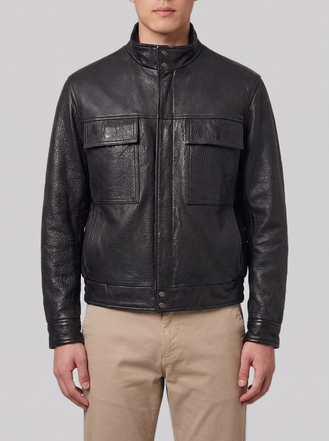 Salvatore Santoro Black Hammered Leather Bomber Jacket Black