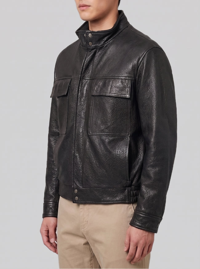 Salvatore Santoro Black Hammered Leather Bomber Jacket