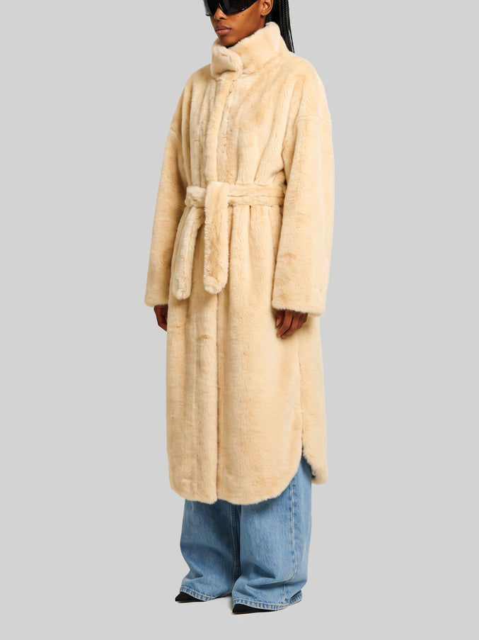 The Frankie Shop Camel Ravello Faux Fur Robe Coat