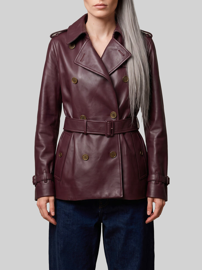 Burberry Short Kensington Leather Trench Coat 6 Bordeaux