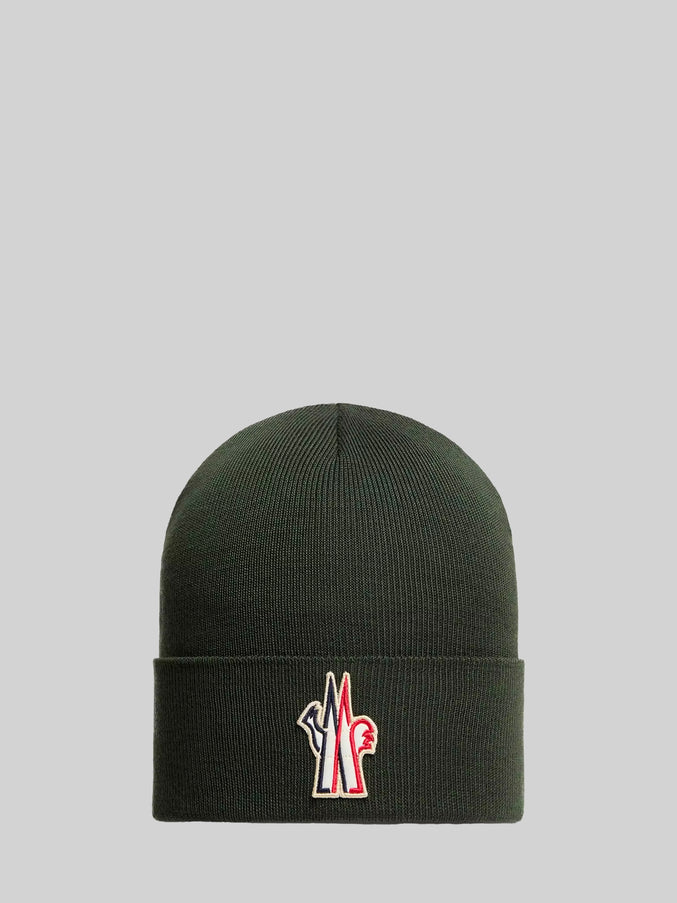 Moncler Grenoble Dark Green Wool Beanie With Logo QT Green