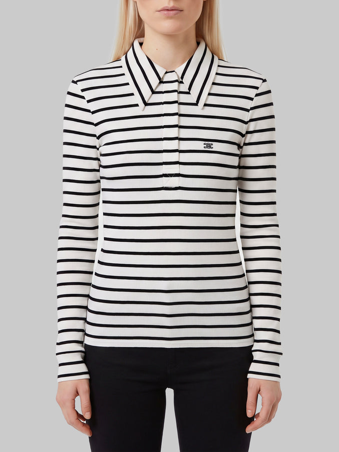 Celine Striped Silk Jersey Polo Shirt White
