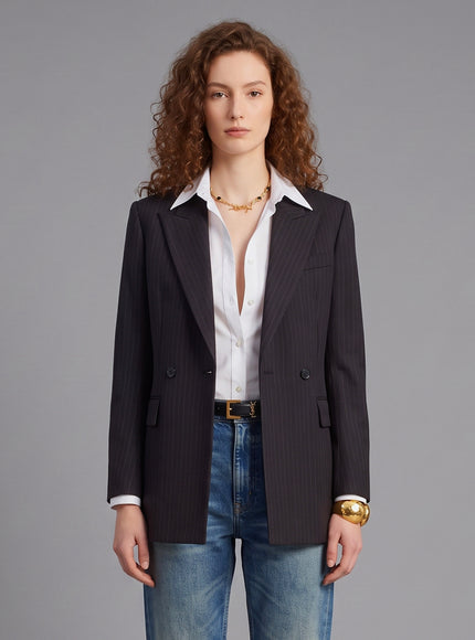 Saint Laurent Double-breasted Jacket In Chalk Mélange Wool Black