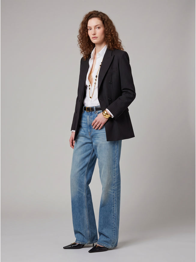 Saint Laurent Double-breasted Jacket In Chalk Mélange Wool