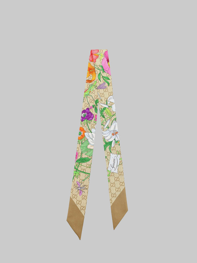 Gucci Silk GG Flora Print Ribbon Scarf QT Beige