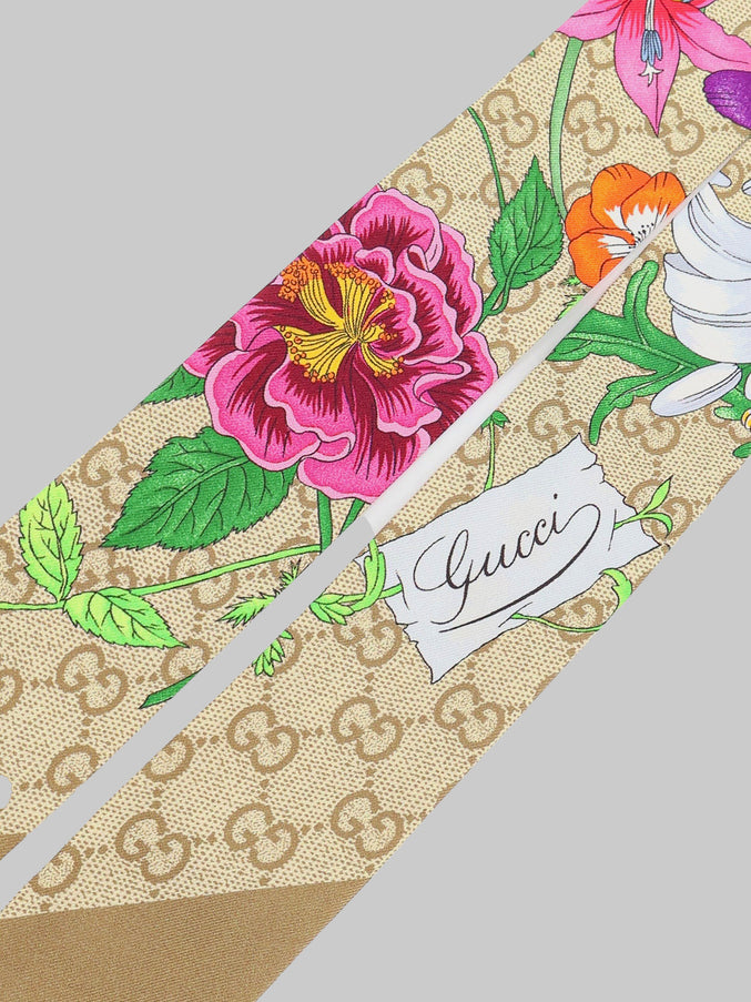 Gucci Silk GG Flora Print Ribbon Scarf