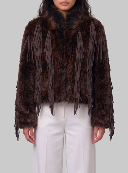 Uncommon Faux Fur Jacket With Fringe Brown