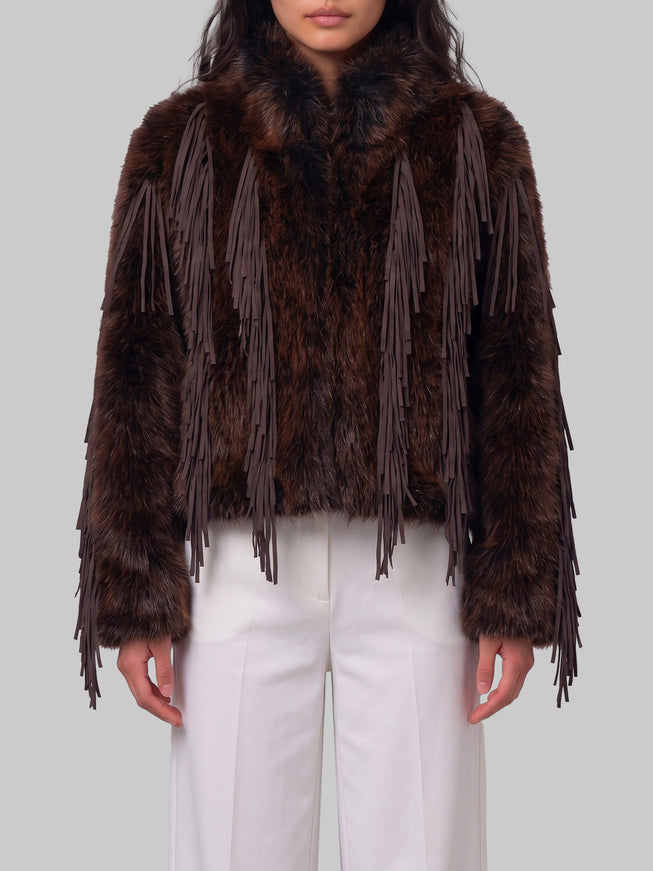 Uncommon Faux Fur Jacket With Fringe Brown