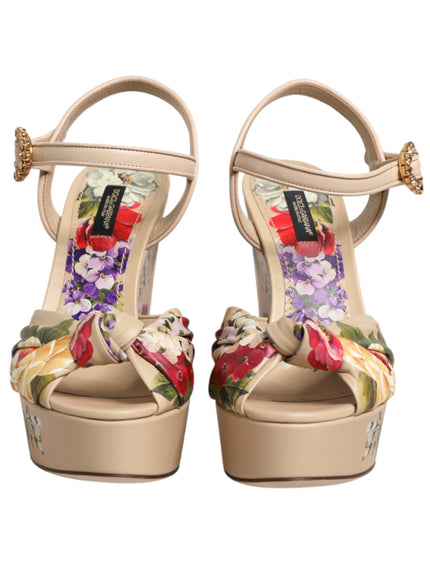 Dolce & Gabbana Beige Floral Ankle Strap Wedge Sandals