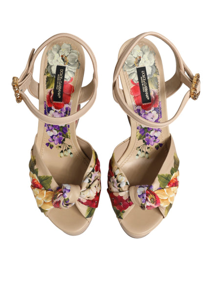 Dolce & Gabbana Beige Floral Ankle Strap Wedge Sandals
